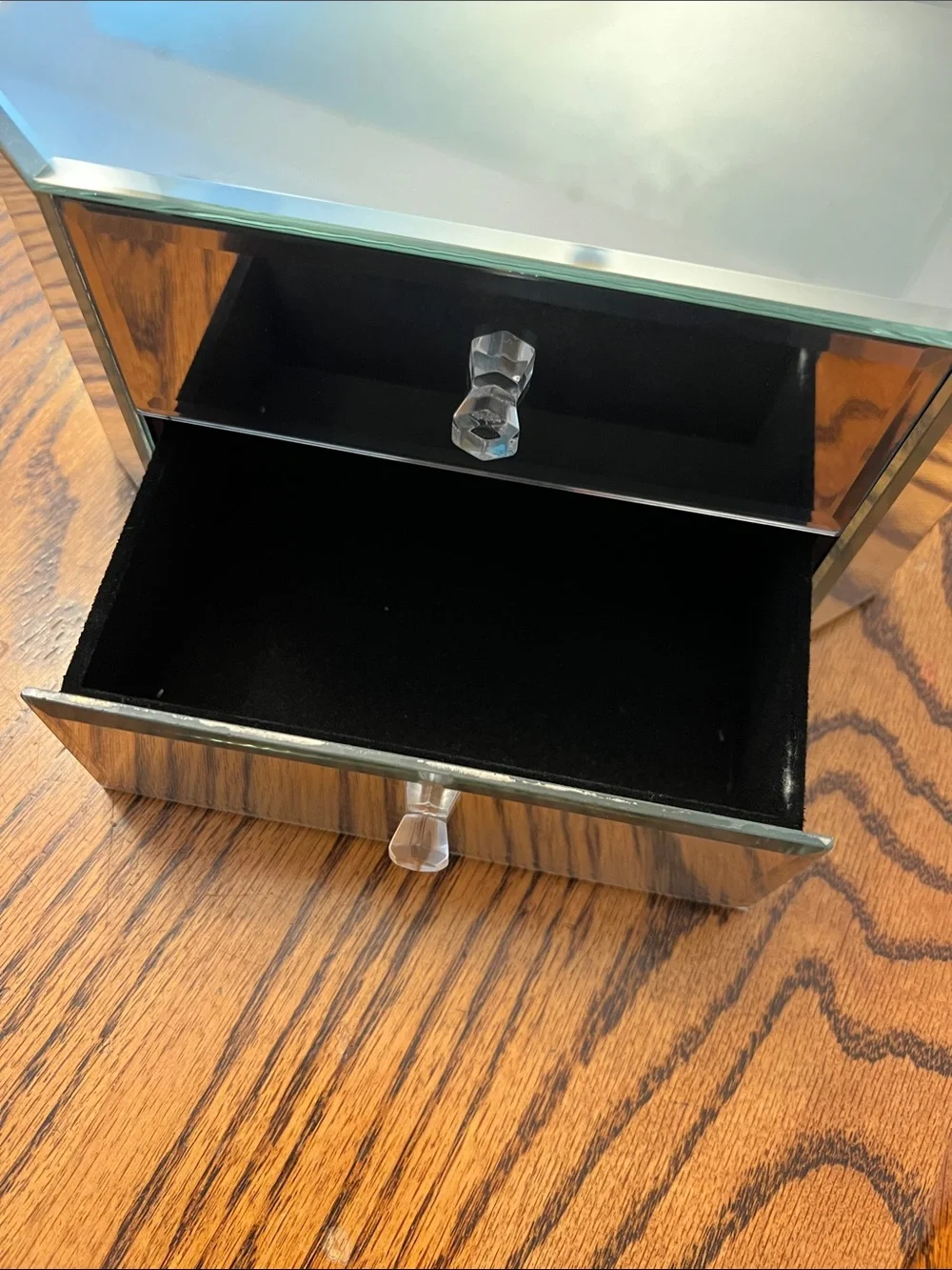 Allure All Mirrored Glass Two-Drawer Jewelry Box Beveled Curved Elongated Oval